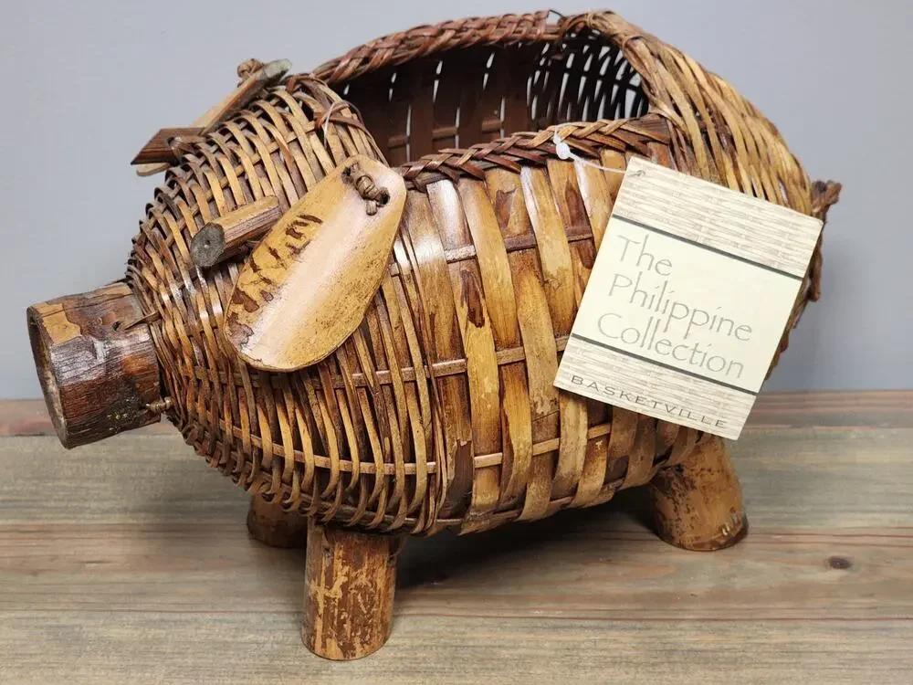 Basketville Hand Woven Wicker and Bamboo Pig Basket Planter